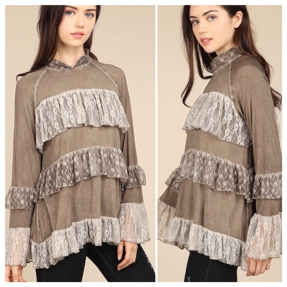 POL Chocolate Tiered Ruffle Lace Top - Picture 7 of 10